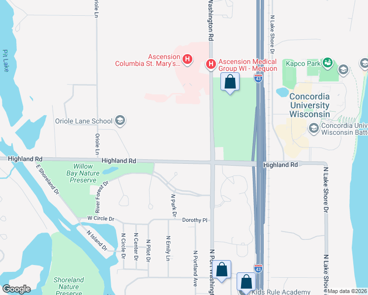 map of restaurants, bars, coffee shops, grocery stores, and more near 1310 Highland Road in Mequon