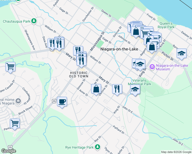 map of restaurants, bars, coffee shops, grocery stores, and more near 156 Mary Street in Niagara-on-the-Lake