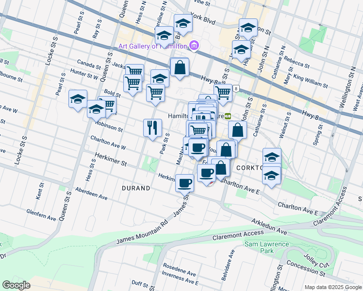 map of restaurants, bars, coffee shops, grocery stores, and more near 180 MacNab Street South in Hamilton