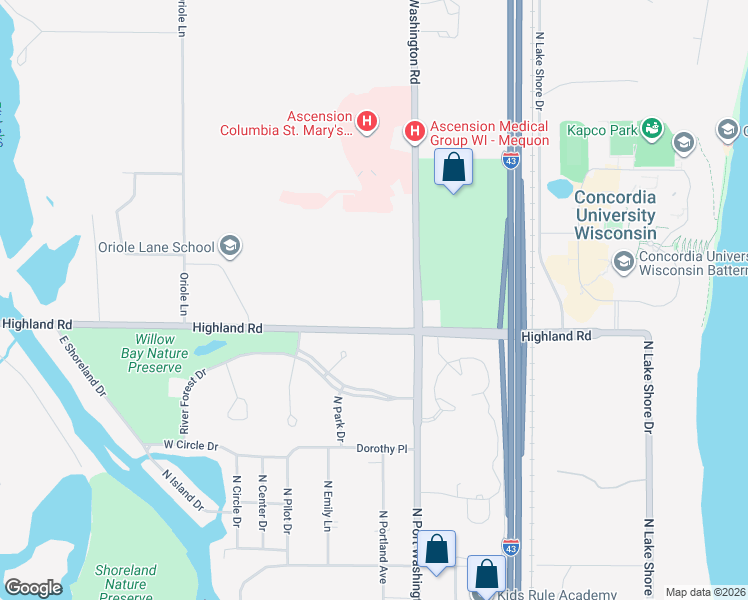 map of restaurants, bars, coffee shops, grocery stores, and more near 1386-1598 Highland Road in Mequon