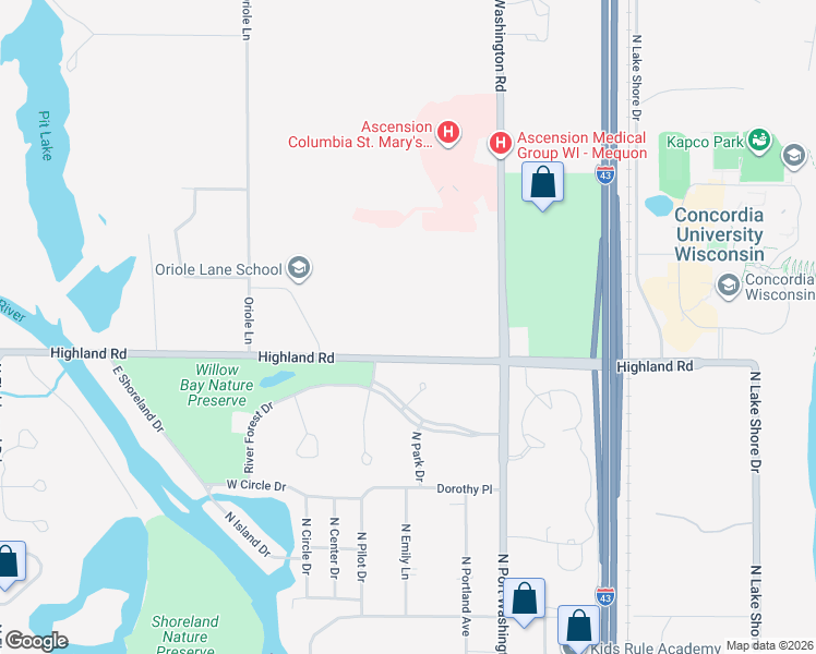 map of restaurants, bars, coffee shops, grocery stores, and more near 1628 Highland Road in Mequon
