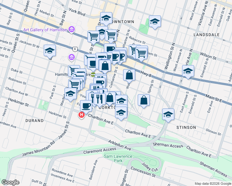 map of restaurants, bars, coffee shops, grocery stores, and more near 34 Baillie Street in Hamilton