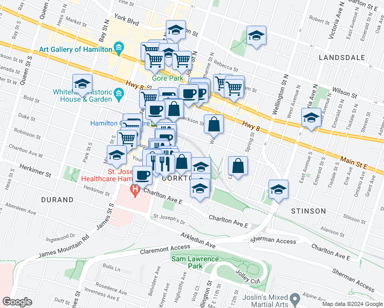 map of restaurants, bars, coffee shops, grocery stores, and more near 34 Baillie Street in Hamilton