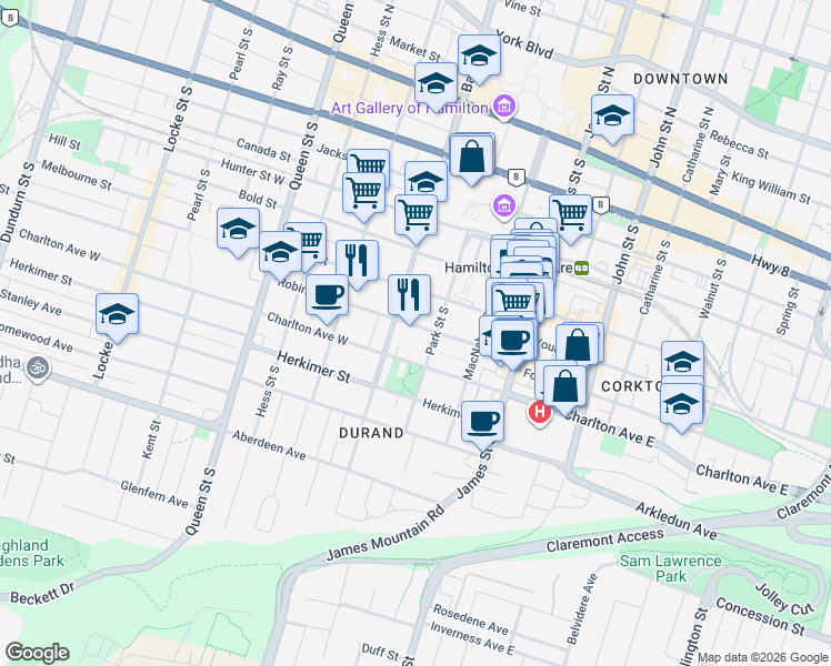 map of restaurants, bars, coffee shops, grocery stores, and more near in Hamilton