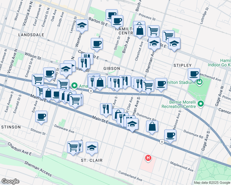 map of restaurants, bars, coffee shops, grocery stores, and more near 833 King Street East in Hamilton