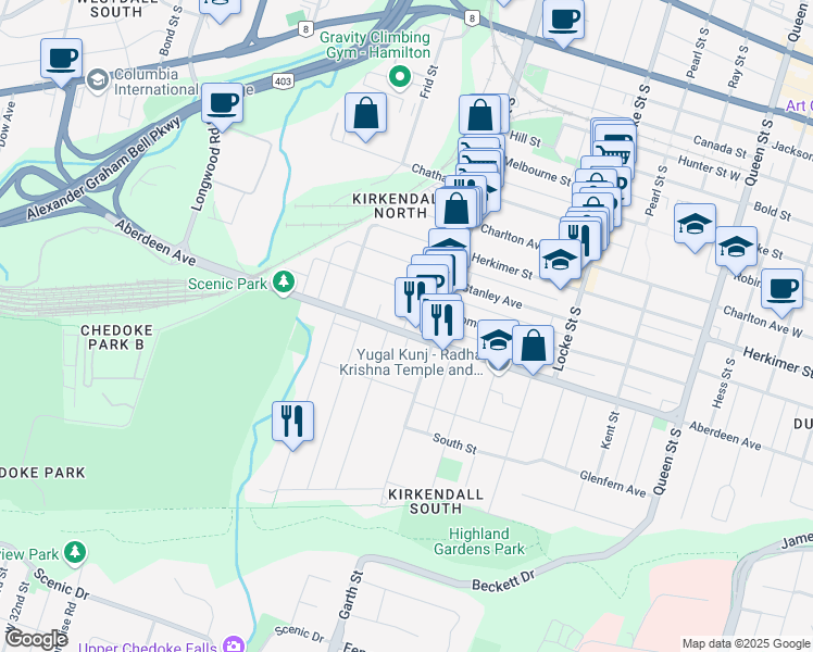 map of restaurants, bars, coffee shops, grocery stores, and more near 444 Aberdeen Avenue in Hamilton