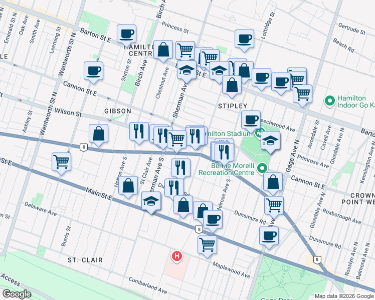 map of restaurants, bars, coffee shops, grocery stores, and more near in Hamilton