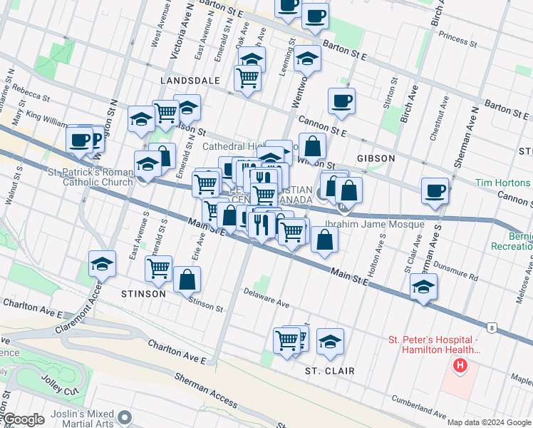 map of restaurants, bars, coffee shops, grocery stores, and more near 25 Wentworth Street South in Hamilton