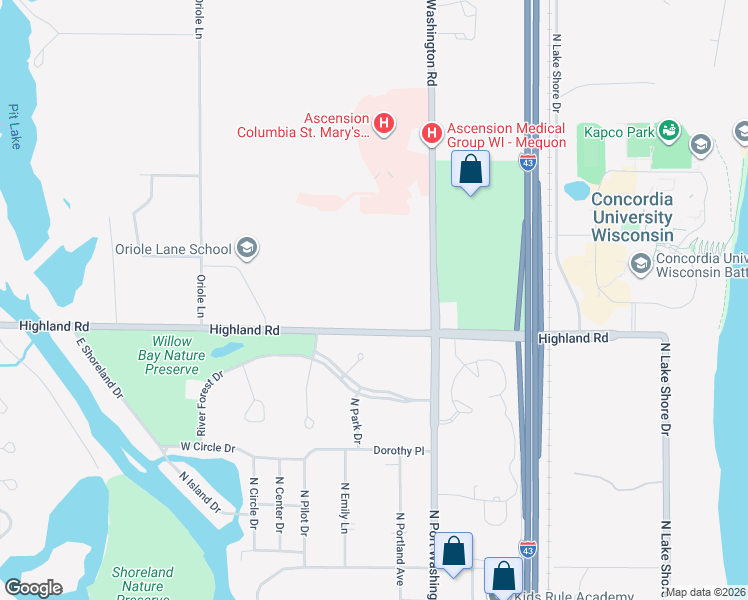 map of restaurants, bars, coffee shops, grocery stores, and more near 1310 Highland Road in Mequon