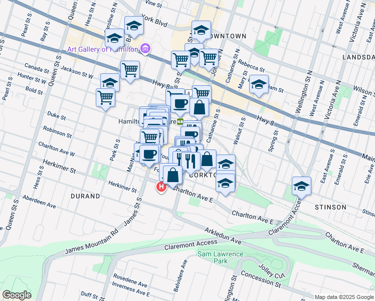 map of restaurants, bars, coffee shops, grocery stores, and more near 174 John Street South in Hamilton