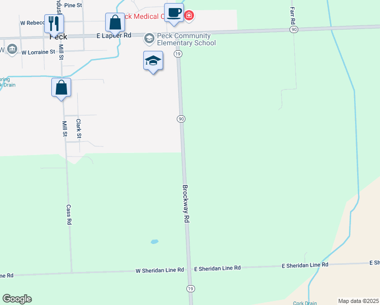 map of restaurants, bars, coffee shops, grocery stores, and more near 5751 Brockway Road in Peck