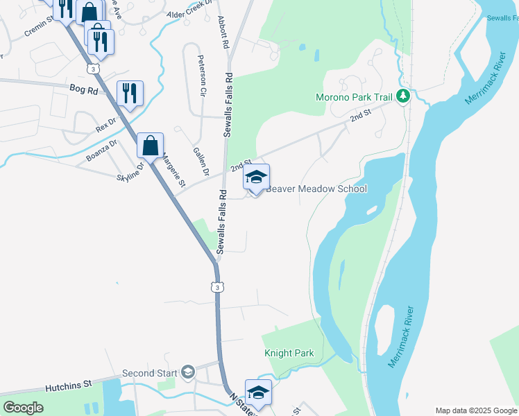 map of restaurants, bars, coffee shops, grocery stores, and more near 40 Sewalls Falls Road in Concord
