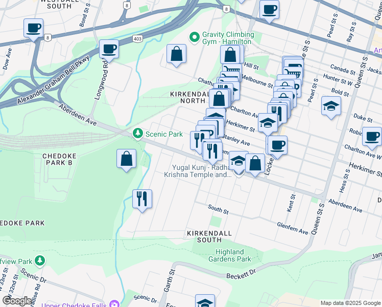 map of restaurants, bars, coffee shops, grocery stores, and more near in Hamilton