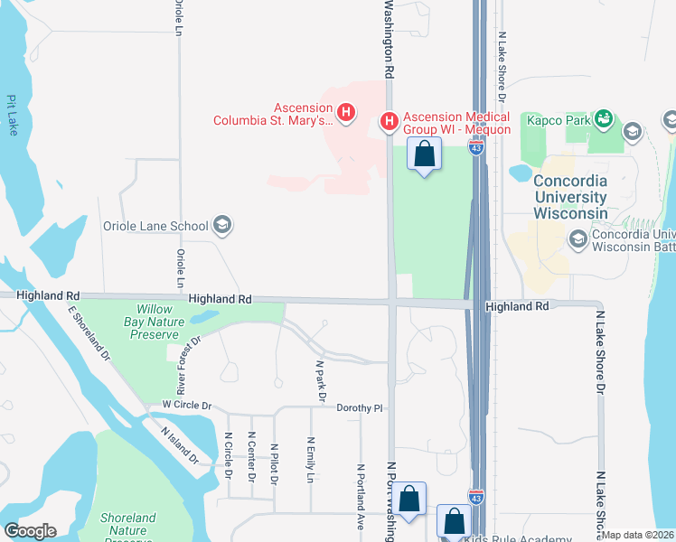 map of restaurants, bars, coffee shops, grocery stores, and more near 1310 Highland Road in Mequon