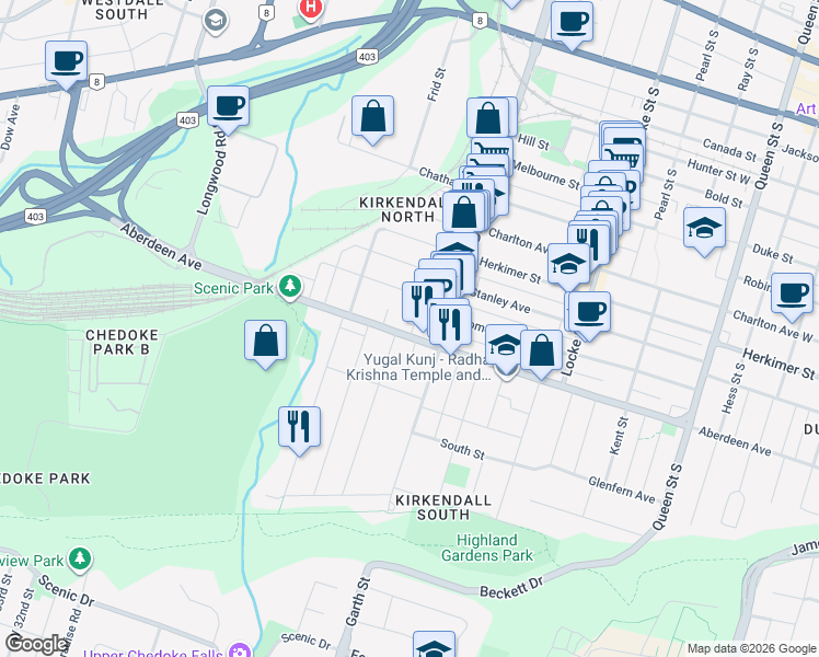 map of restaurants, bars, coffee shops, grocery stores, and more near 450 Aberdeen Avenue in Hamilton