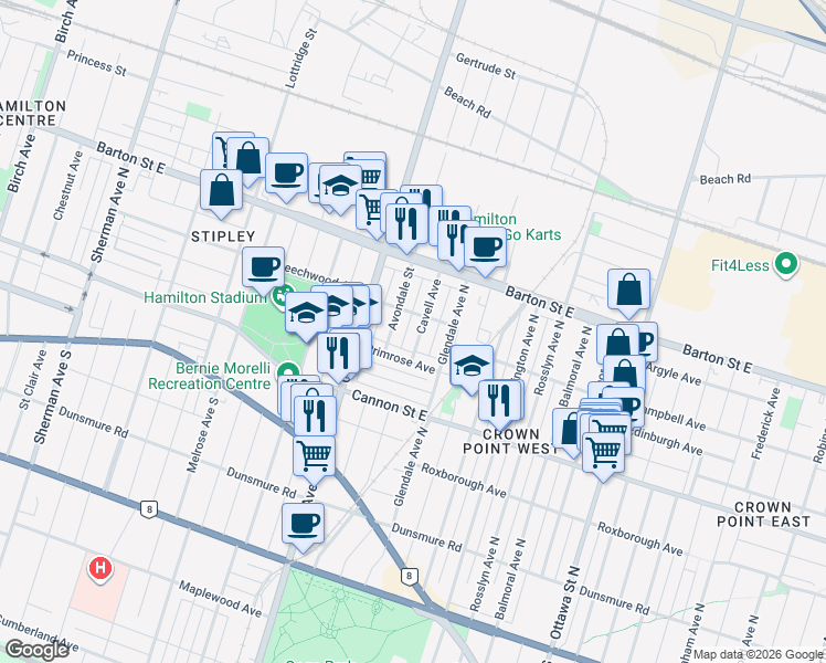 map of restaurants, bars, coffee shops, grocery stores, and more near 127 Cavell Avenue in Hamilton