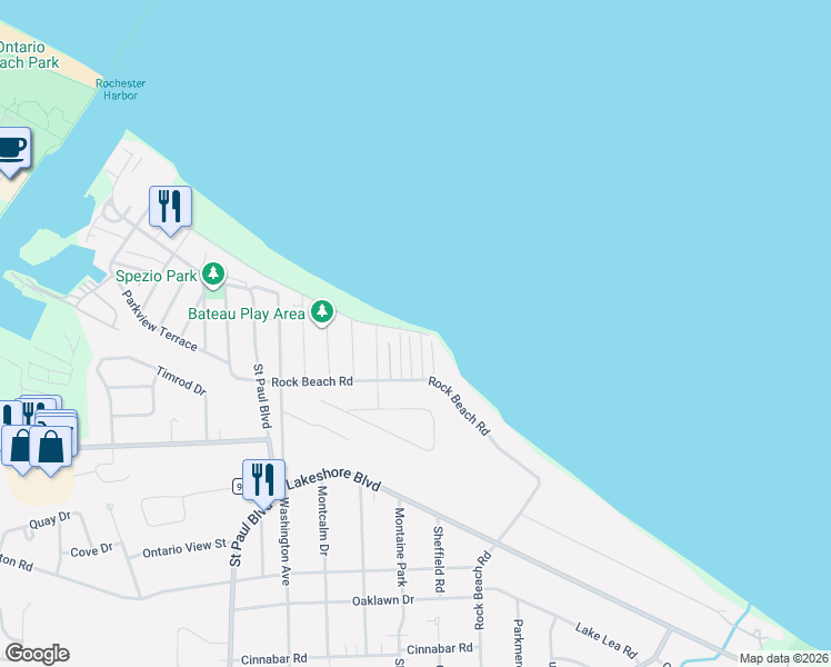 map of restaurants, bars, coffee shops, grocery stores, and more near 36 Harrison Terrace in Rochester