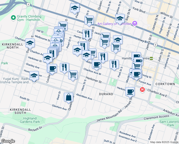 map of restaurants, bars, coffee shops, grocery stores, and more near 177 Charlton Avenue West in Hamilton