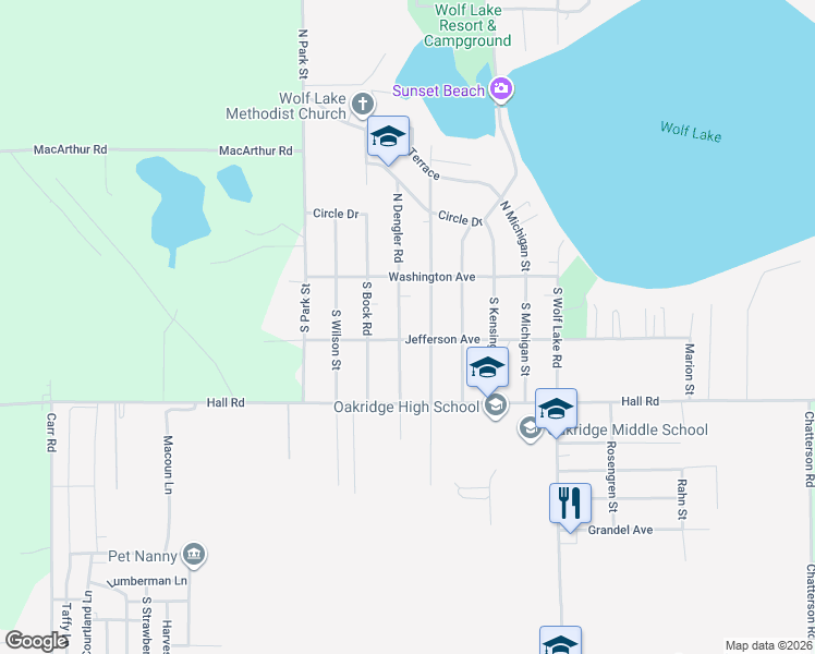 map of restaurants, bars, coffee shops, grocery stores, and more near 104 South Dengler Road in Muskegon