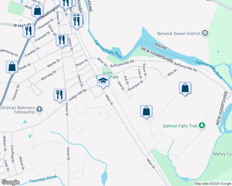 map of restaurants, bars, coffee shops, grocery stores, and more near 18 1st Street in Somersworth