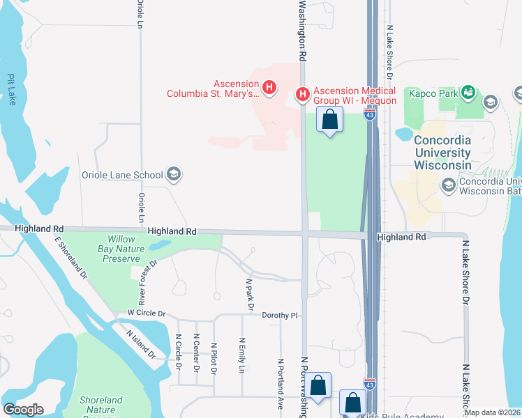 map of restaurants, bars, coffee shops, grocery stores, and more near 1310 Highland Road in Mequon