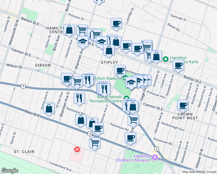 map of restaurants, bars, coffee shops, grocery stores, and more near 30 Lottridge Street in Hamilton