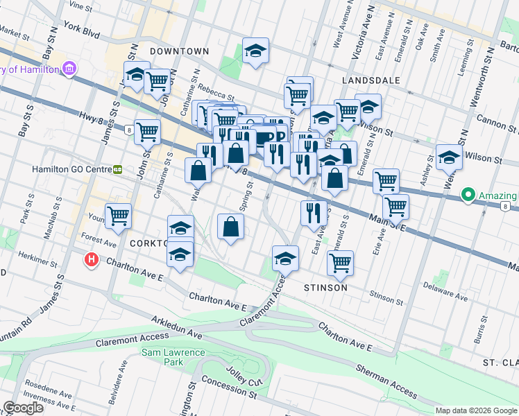 map of restaurants, bars, coffee shops, grocery stores, and more near in Hamilton
