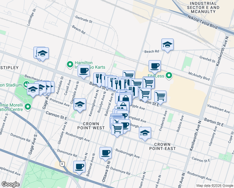 map of restaurants, bars, coffee shops, grocery stores, and more near 299 Grosvenor Avenue North in Hamilton