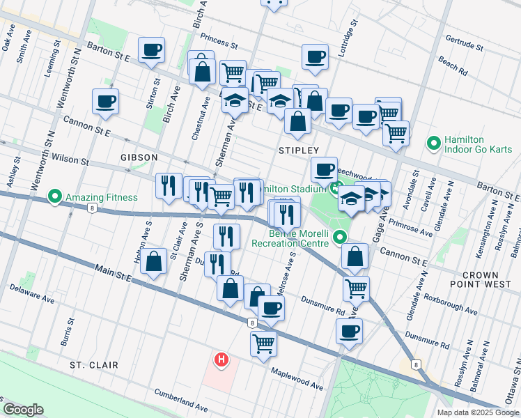 map of restaurants, bars, coffee shops, grocery stores, and more near in Hamilton