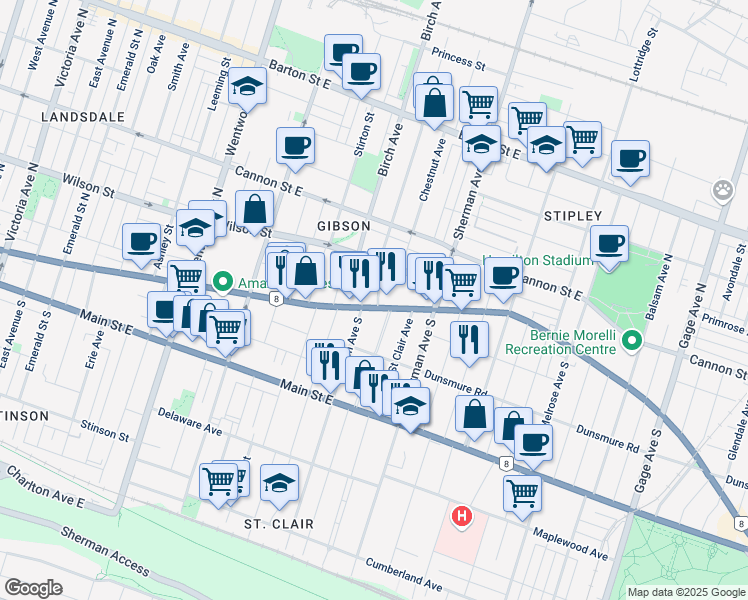 map of restaurants, bars, coffee shops, grocery stores, and more near in Hamilton