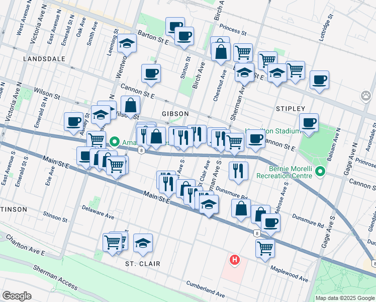 map of restaurants, bars, coffee shops, grocery stores, and more near 12 Proctor Boulevard in Hamilton