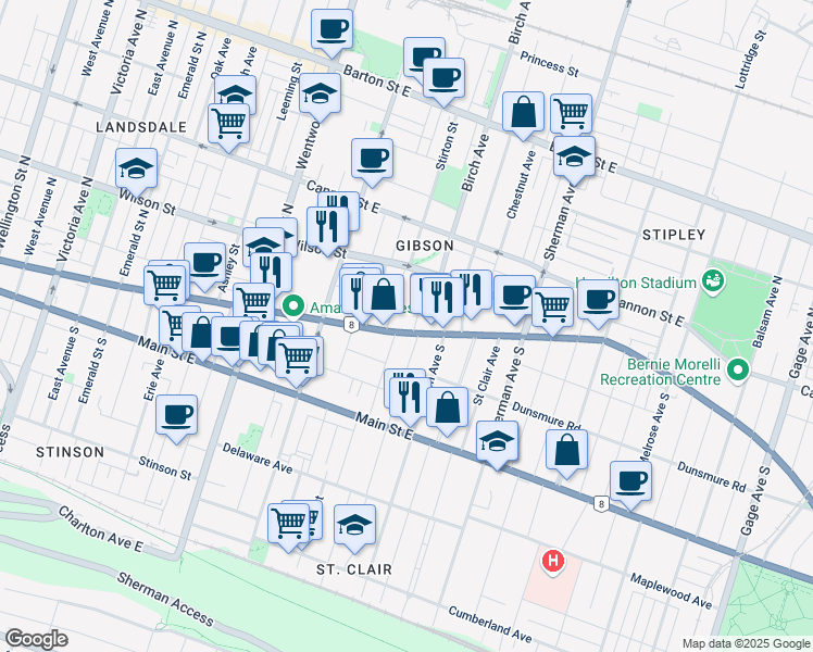 map of restaurants, bars, coffee shops, grocery stores, and more near 15 Burris Street in Hamilton