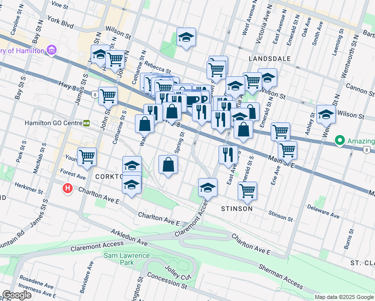 map of restaurants, bars, coffee shops, grocery stores, and more near 264 Hunter Street East in Hamilton
