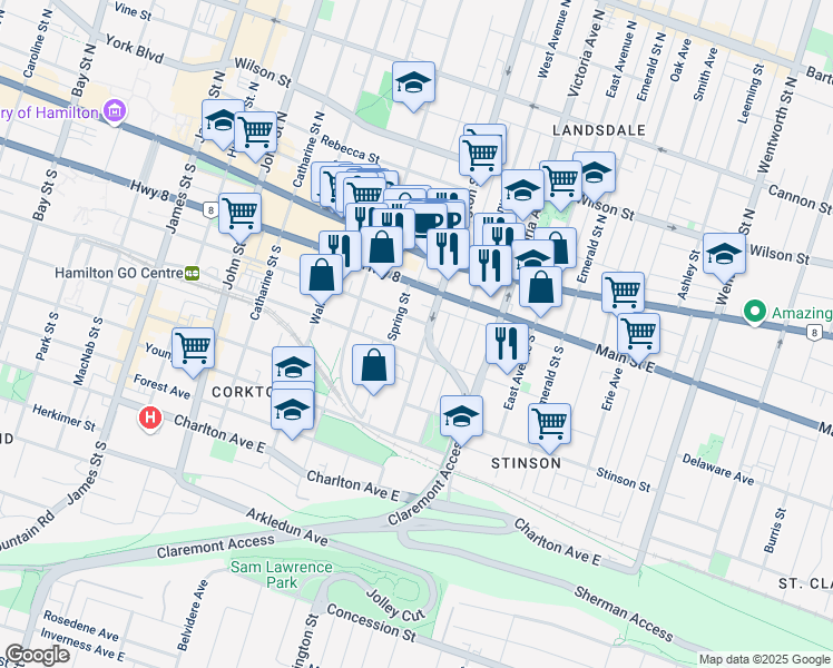 map of restaurants, bars, coffee shops, grocery stores, and more near in Hamilton