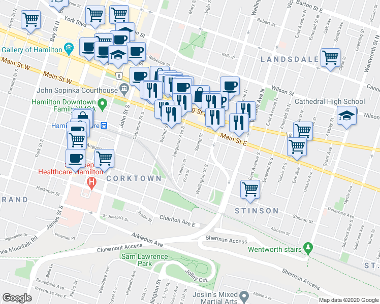 map of restaurants, bars, coffee shops, grocery stores, and more near in Hamilton