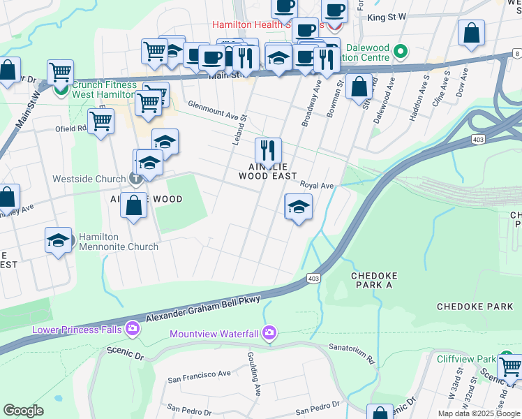 map of restaurants, bars, coffee shops, grocery stores, and more near 220 Broadway Avenue in Hamilton