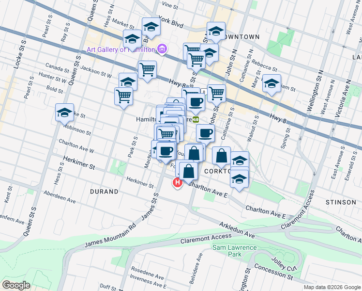 map of restaurants, bars, coffee shops, grocery stores, and more near 150 Hughson Street South in Hamilton
