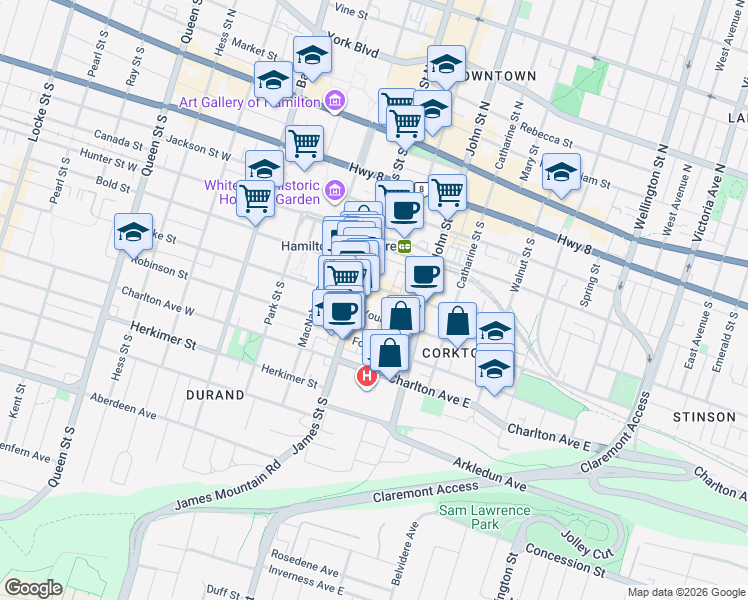 map of restaurants, bars, coffee shops, grocery stores, and more near 169 James Street South in Hamilton
