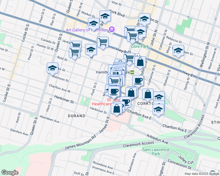 map of restaurants, bars, coffee shops, grocery stores, and more near 21 Duke Street in Hamilton