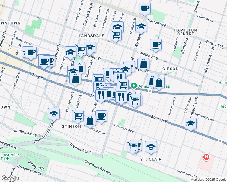 map of restaurants, bars, coffee shops, grocery stores, and more near 22 Grant Avenue in Hamilton