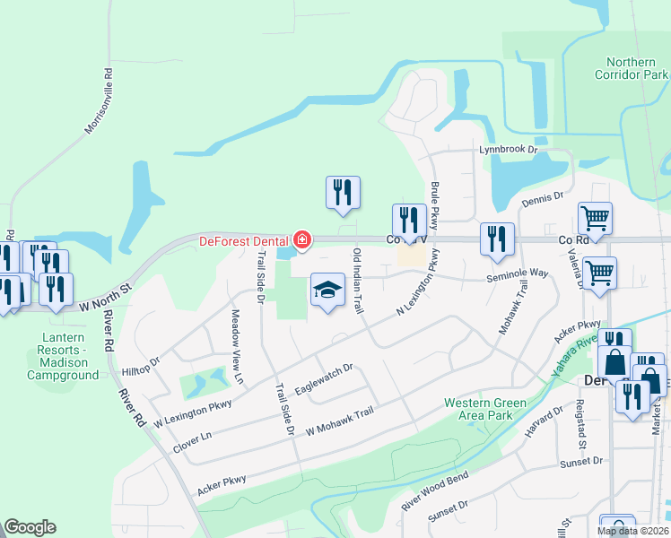 map of restaurants, bars, coffee shops, grocery stores, and more near 523 Old Indian Trail in DeForest