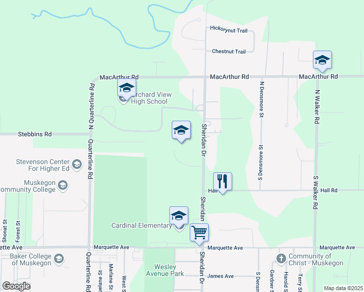 map of restaurants, bars, coffee shops, grocery stores, and more near 35 South Sheridan Drive in Muskegon