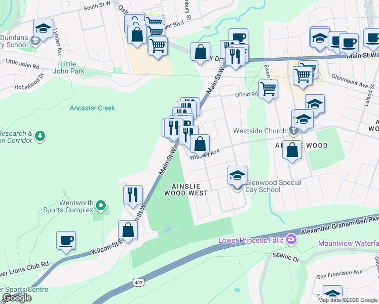 map of restaurants, bars, coffee shops, grocery stores, and more near 418 Whitney Avenue in Hamilton