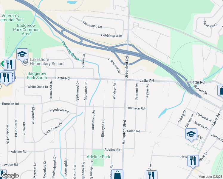 map of restaurants, bars, coffee shops, grocery stores, and more near 440 Biscayne Drive in Rochester