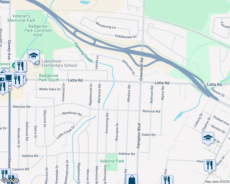 map of restaurants, bars, coffee shops, grocery stores, and more near 449 Biscayne Drive in Rochester