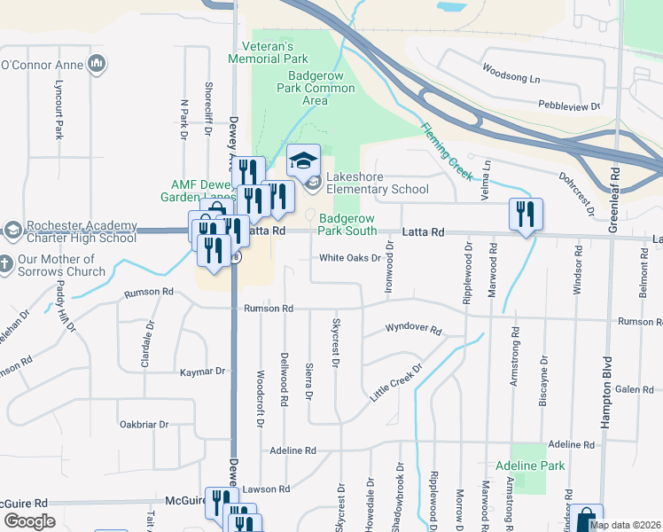 map of restaurants, bars, coffee shops, grocery stores, and more near 235 Sandalwood Drive in Rochester