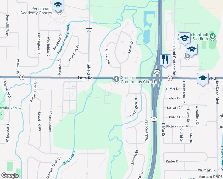 map of restaurants, bars, coffee shops, grocery stores, and more near 3 Treeline Drive in Rochester