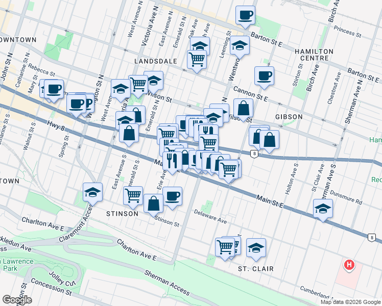 map of restaurants, bars, coffee shops, grocery stores, and more near in Hamilton
