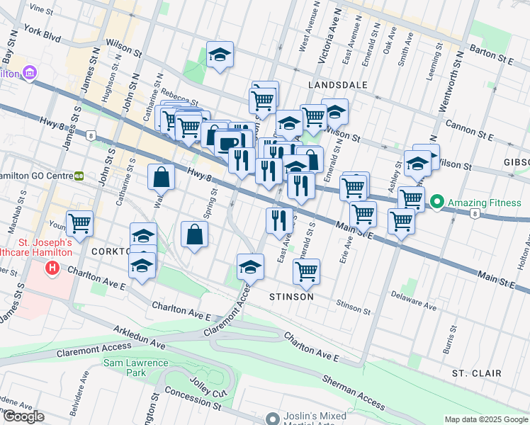 map of restaurants, bars, coffee shops, grocery stores, and more near in Hamilton