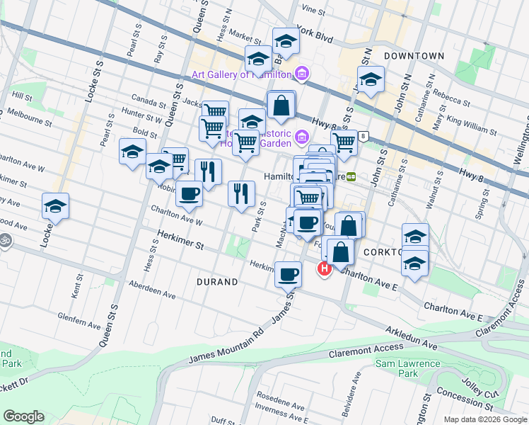 map of restaurants, bars, coffee shops, grocery stores, and more near 60 Robinson Street in Hamilton